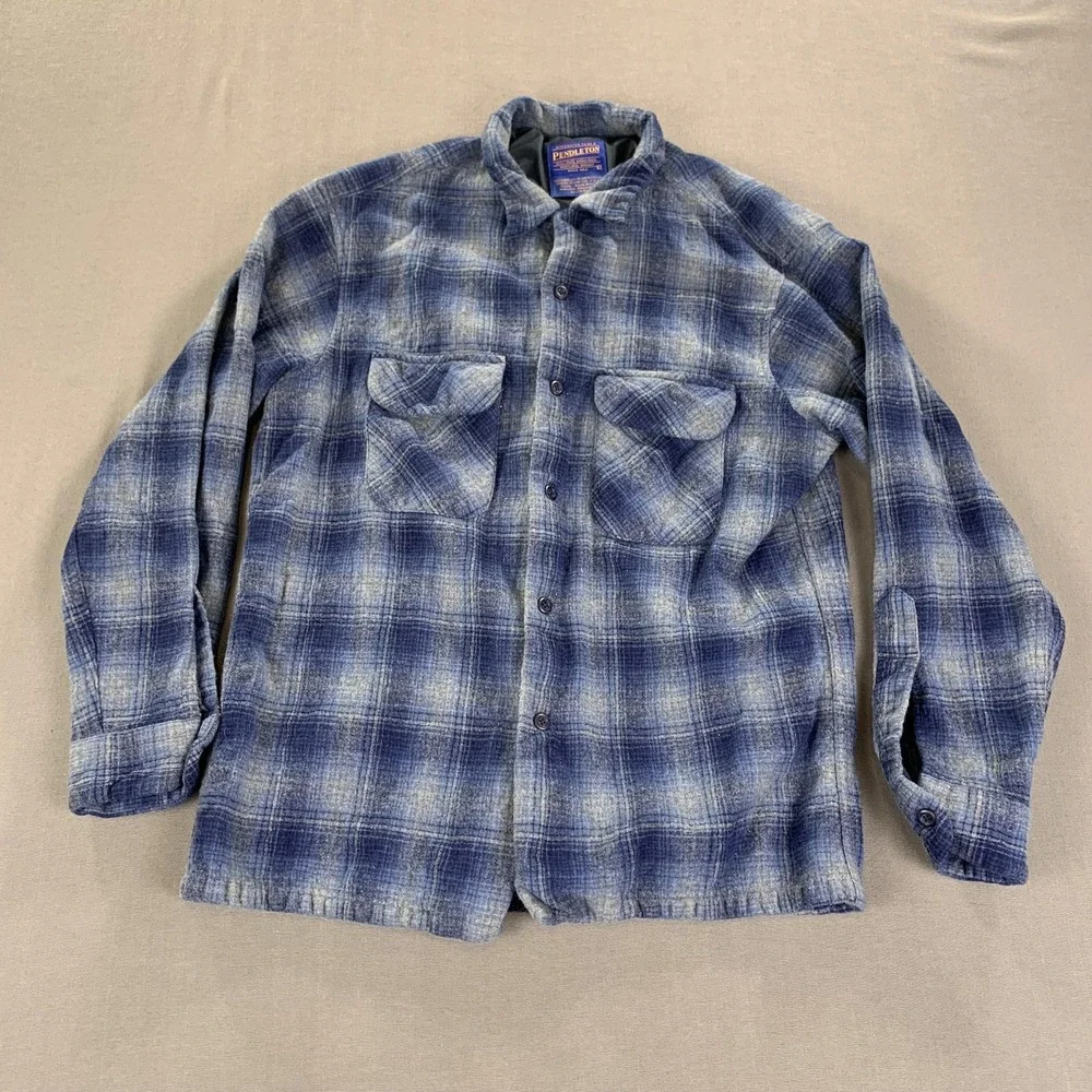 Pendleton Jacket‎ Men LG Blue Wool Shadow Plaid Board Shirt Shacket Loop Collar